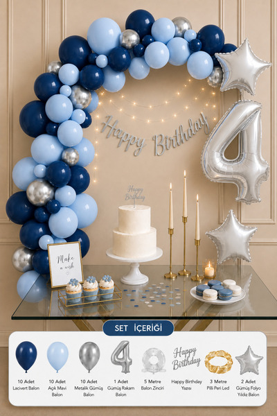 Baloncu Nene 4Th Birthday Decoration Set Navy Blue Light Blue Silver Party Or...