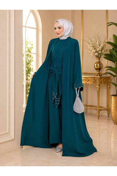 EFSUN MODA طقم عباية نسائية من قطعتين من فايا مزين باللؤلؤ