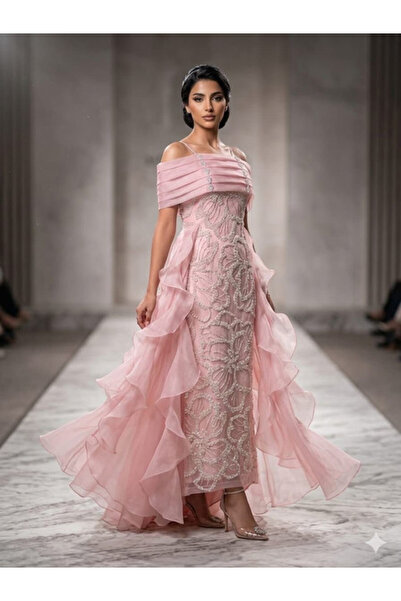 ranin Light Pink Evening Dress with Gazar Embroidery and Double Cloche Cut.