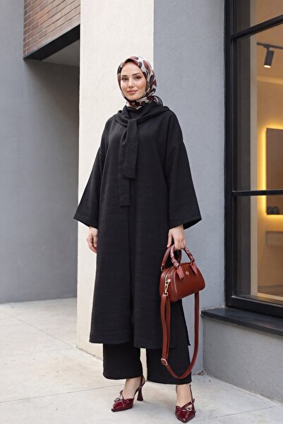 Modamorfo Deep Slit Linen Suit with Scarf Detail and Pockets - Black