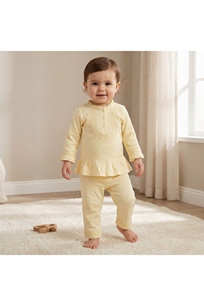 giggles Cotton Pie Crust Neck Long Sleeves Pyjama Set with Embroidery
