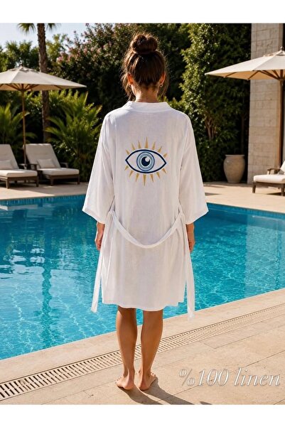 göz nakışlı%100 keten kimono