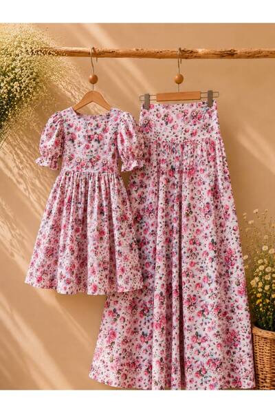KÜÇÜĞÜM BUTİK Pastel Rose Patterned Corsage Skirt and Girls' Pastel Rose Patt...