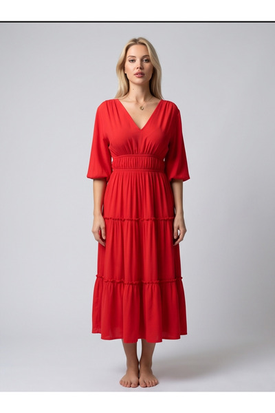 gökçesu Women's V-Neck, Belted, Tie-Back, Layered Skirt, Comfortable Fit Dress