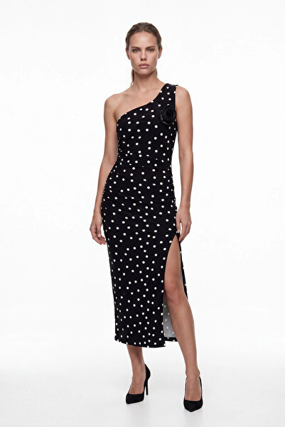 cemo Women's One-Shoulder Polka Dot Midi Dress with Slit Detail, Event Dress