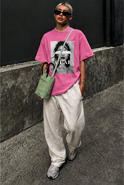 Madmext Pink Oversize Printed Women's T-Shirt Mg1764