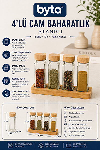 BYTA 4-Piece Glass Spice Jar Set with Wooden Stand and Bamboo Lid Square Glas...