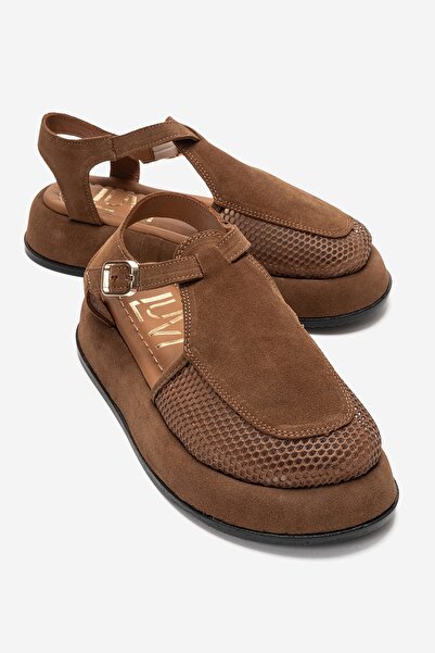 LuviShoes LURELIA Taba Süet Hakiki Deri Fileli Kadın Sandalet