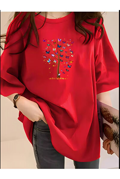classy moda Tricou tunică roșu, lung, supradimensionat, imprimat, cu gât rotu...