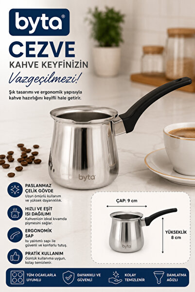 BYTA Stainless Steel Coffee Pot 9 cm with Ergonomic Handle Turkish Coffee Bre...