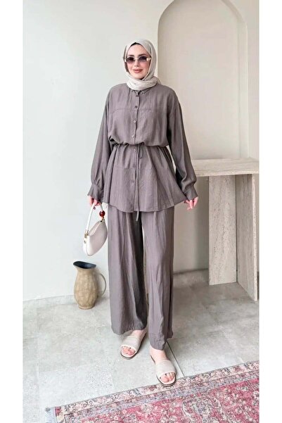 Miraydın Butik طقم بنطلون وتونيك نسائي بحزام خصر M6034 - مينك