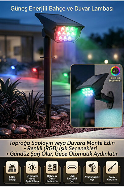 ALFAGİFT Güneş Enerjili Solar Bahçe ve Duvar Lambası USB Şarjlı IP65 RGB LED ...