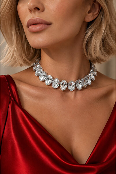 Valmont Büyük Damla Kesim Zirkon Taşlı Gümüş Renk Choker Kolye