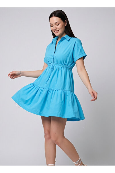 gökçesu Women's Shirt Collar Half Buttoned Waist Tie Flounce Mini Dress