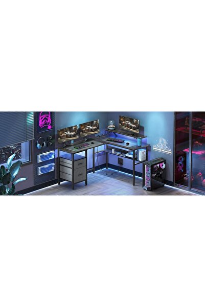SONGMICS Birou de colț cu iluminare LED și 4 prize integrate, 2 porturi USB