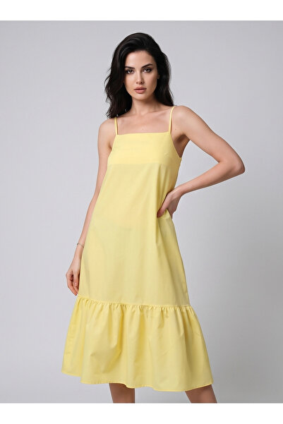 gökçesu Women's Square Neck Slim Strap Dress with Gipeli Back and Flounces, C...