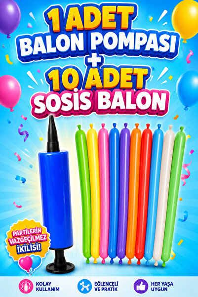 Balonsan Sosis Balon Paketi / 1 Adet Sosis Balon Pompası ve 10 Adet Karışık R...