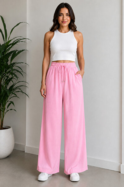Butik Kadın Pembe Beli Lastikli Bağcıklı Bol Paça Tensel Pantolon