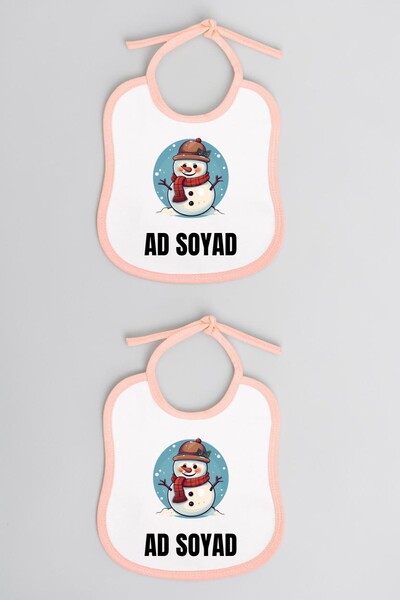 lili hediyelik Snowman Printed 2-Piece Linen Pink Baby Feeding Bib - Baby Fee...
