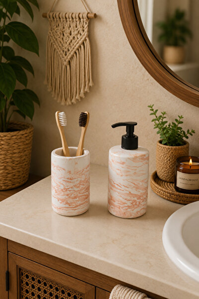 Zigzag Home Dekoratif Mermer Desen Bohem Tarz Banyo Seti Sıvı Sabunluk ve Diş Fırçalık Takımı Seti
