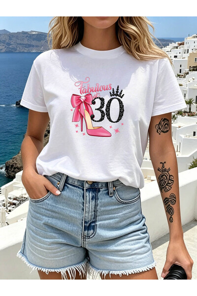 45 BPM Fabulous at 30 Letter Print T-Shirt, Short Sleeve Crew Neck Casual Top...