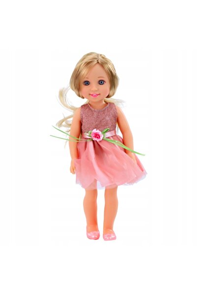 LeanToys Păpușă în rochie cu fundiță, păr lung, pieptene roz, 38cm