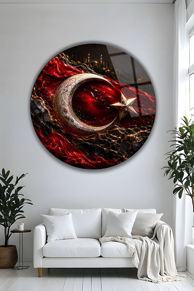 Parıltı Yayınları Drapelul Turciei Istanbul Silhouette Tablou rotund din stic...