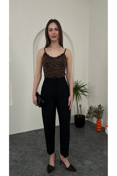 sahraozluk Flatolu Fabric Trousers with Front Panel, Black Color