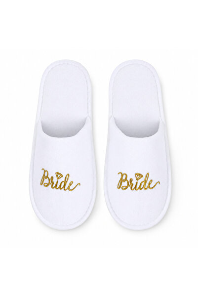 OEM Papuci de mireasă albi Bride, cu broderie aurie și simbol inel, moi și co...