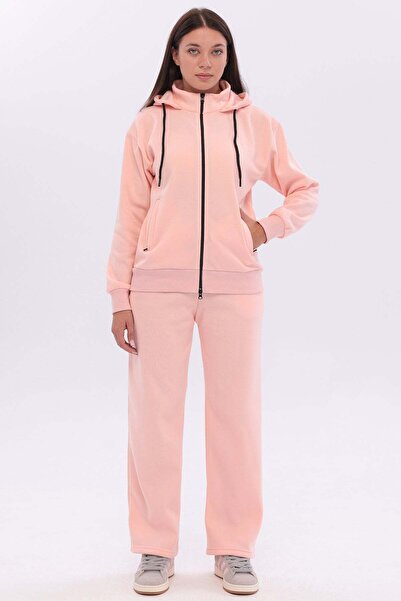 TRENDHİLL Women's Cotton Stand Collar Hooded Zipper Tracksuit Set Mustard Min...