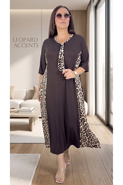 yagmurberen Leopard Printed Pocketed Full Lycra V-Neck Plus Size Cotton Visco...