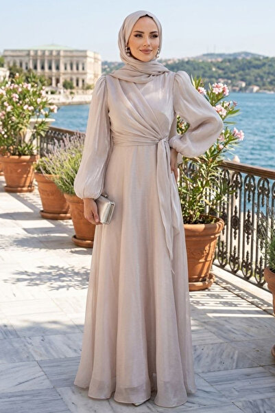 N.S NEVA STYLE Side Tie Beige Hijab Evening Dress 62191Bej