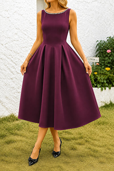 Deafox Plum Pearl Detailed A-Line Sleeveless Open Back Scuba Fabric Midi Dress
