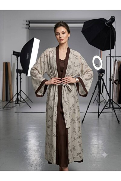 Kadın Bej Desenli Garnili Bağlamalı Uzun Kimono
