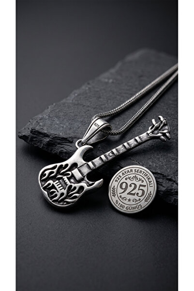 Roza Silver 925 Ayar Gümüş Erkek Kolye - Oksitli Alev Desenli Elektro Gitar U...