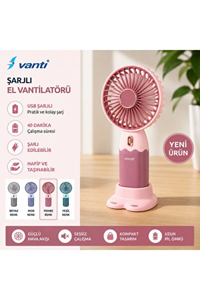 Vanti USB Şarjlı El Vantilatörü Taşınabilir Mini Fan Sessiz Masaüstü El Fanı ...