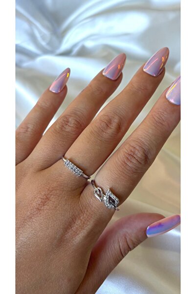 Eylülün Takısı Women's Silver Color Stone Leaf Adjustable 2-Piece Ring Set