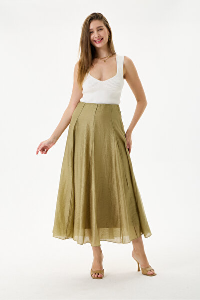 ŞEYDA ERTEM Khaki Color Panel-Sewn Flared Skirt with Zipper at the Waist