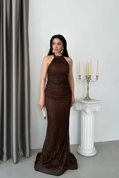 Serica Moda Brown Halter Neck Lace Fabric Stone Embellished Evening Dress