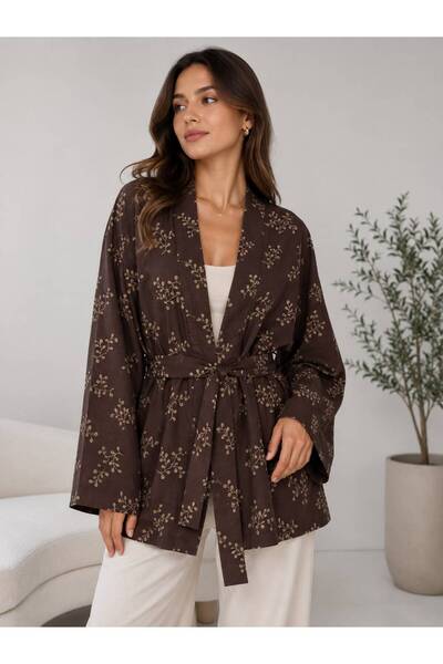 MAESTRO WOMAN Women's Brown Patterned Belted Slim Short Kimono