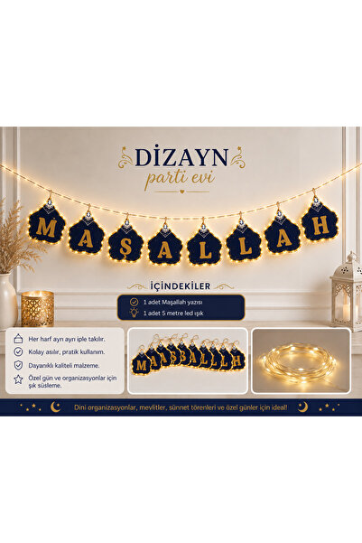 Dizayn Parti Evi Maşallah Banner Seti – 5 Metre Gün Işığı LED Işıklı Flama Ba...