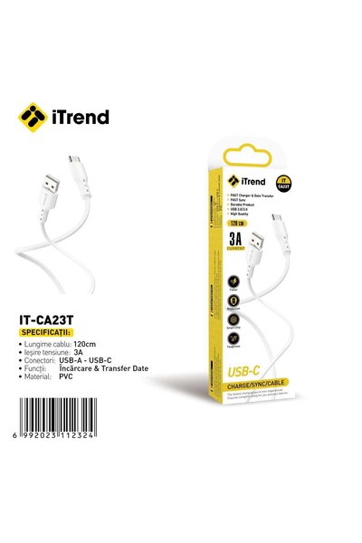 itrend Cablu USB-A la USB-C iTrend, 1.2 m, Încărcare Rapidă 3A, PVC, Alb
