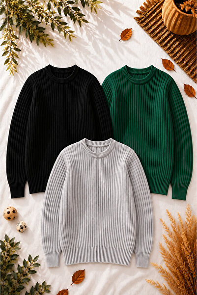 legends butik Men's 3-Piece Premium Ribbed Knitwear Sweater Set Crew Neck Sli...