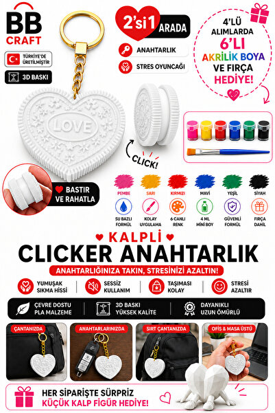BB Craft Heart Clicker Keychain 5.5 cm - Stress Relief Toy - 4-Pack with 6 Ac...