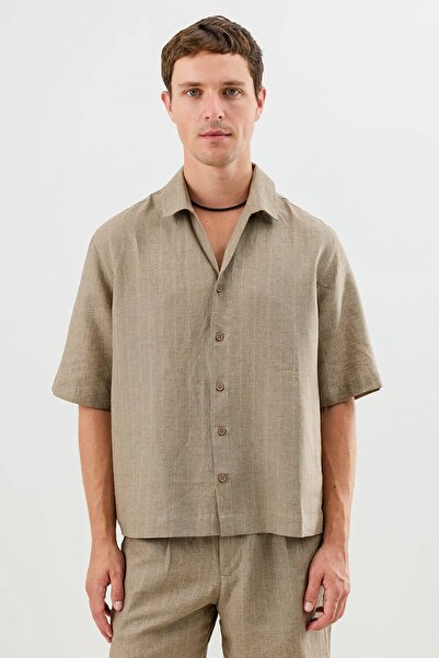 Antioch Beige Linen Blend Striped Relax Fit Men's Short Sleeve Shirt