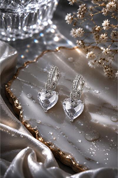Sylvera Shop Heart Stone Dangle Zircon Hoop Earrings (Silver Color)