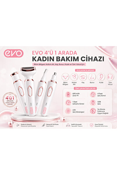 Evo Kadın Tıraş Cihazı 4'lü Set- Bikini Koltuk Altı Kulak Burun Kaş Yüz Tüm v...
