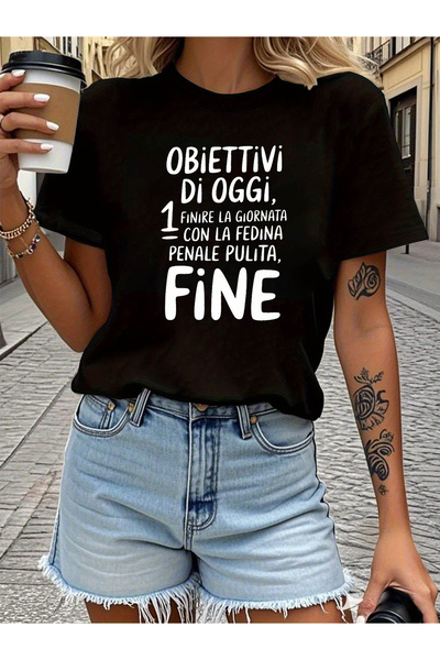NOURAM Obiettivi Di Oggi Letter Print T-Shirt, Short Sleeve Crew Neck Casual ...