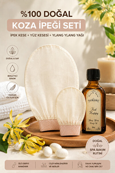 Oinone %100 Doğal Koza İpeği Kese + Ylang Ylang Vücut Bakım Yağı Seti | Hassa...