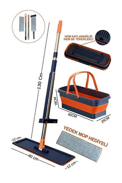 DOFİX Katlanabilir ve Tekerlekli Mop Seti – Yedek Mop Başlıklı, 130 cm Uzun S...